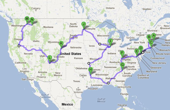 A very short route that touches each of the Lower 48 states.